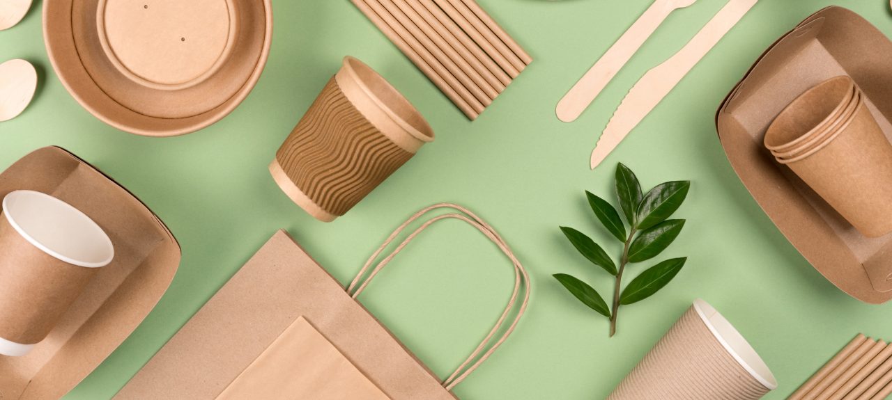 Eco-friendly tableware - kraft paper food packaging on light green background. Street food paper packaging, recyclable paperware, zero waste packaging concept. Flat lay